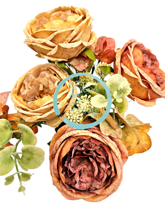 Изкуствен букет от божури, хортензии и аксесоари 42 см оранжево