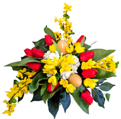 Aranžmán betonka umelé tulipány, zlatý dážď, fialky, veľkonočné vajíčka a doplnky 50cm x 40cm x 23cm