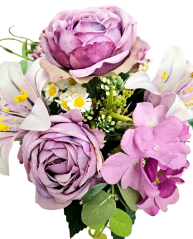 Umělá kytice Pivoňky, Lilie, Hortenzie a doplňky 46cm fialová