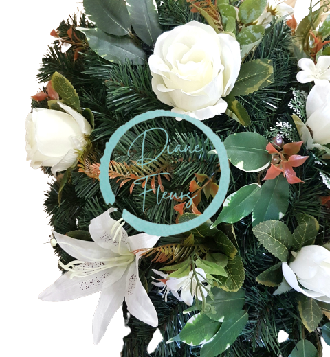 Artificial Wreath Heart Shaped with Roses, Lilies and accessories 65cm x 65cm Cream, Green, Brown