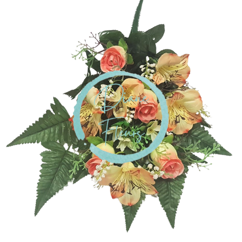 Ruža a Alstroméria kytica ružová a žltá x12 52cm umelá