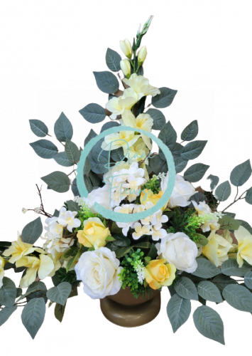 Krásný smuteční aranžmán exclusive betonka umělé růže, hortenzie, gladioly mečíky a doplňky 100cm x 65cm