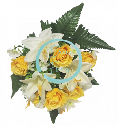 Růže & Lilie kytice "13" žlutá & bílá 32cm umělá
