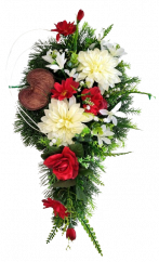 Trauergesteck aus künstliche Rosen, Dahlien, Gänseblümchen und Zubehör 60cm x 30cm x 20cm