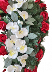 Smuteční věnec "Slza" z umělých růží a orchidejí 100cm x 65cm