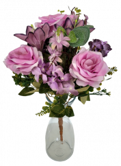 Růže & Hortenzie & Lilie kytice fialová 47cm umělá