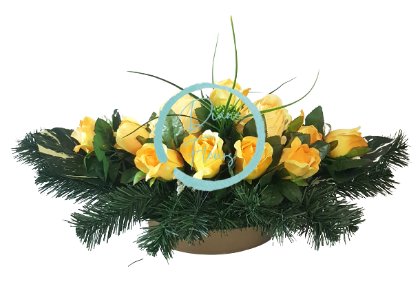 Piękna kompozycja żałobna owe sztuczne róże i dodatki 53cm x 27cm x 23cm żółte