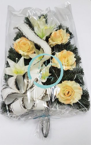 Artificial Sympathy Wreath 18,1 x 13,7 inches (46cm x 35cm) with Roses, Lilies and Sympathy Ribbon in Cellophane Cream