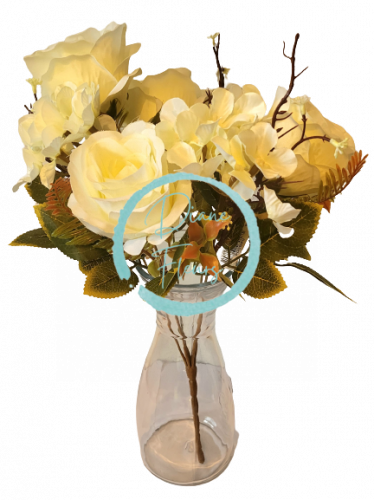 Buchet de trandafiri si hortensii x7 44cm crem flori artificiale