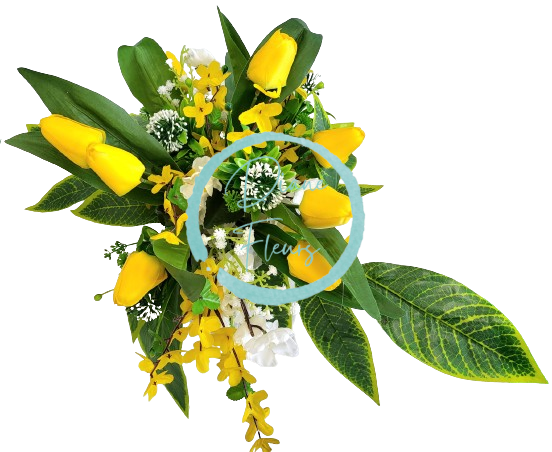 Sympathy arrangement made of artificial Tulips, Golden Shower and Accessories 67cm x 35cm x 25cm