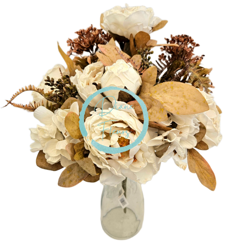 Künstlicher Strauß aus Pfingstrosen, Hortensien und Accessoires 48cm Creme