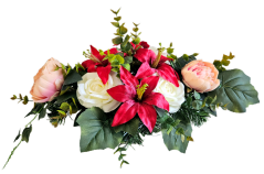 Trauergesteck aus künstliche Rosen, Pfingstrosen, Lilien und Accessoires 55cm x 35cm x 23cm AS1078