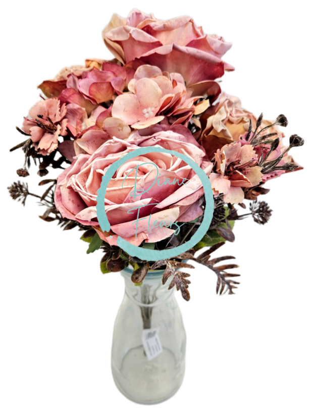 Изкуствен букет от рози, хортензии и аксесоари 44 см розов