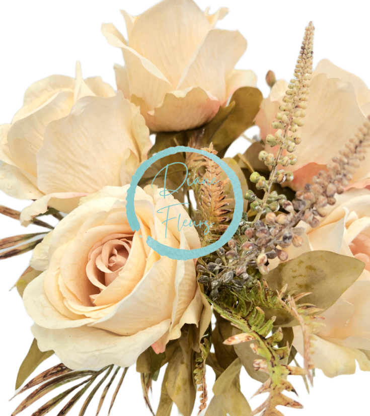 Изкуствен букет от рози и аксесоари 46 см прасковен цвят