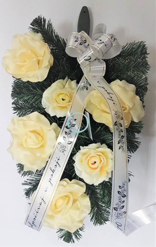 Smútočný veniec pero 46cm x 35cm Ruže so stuhou "Odpočívaj v pokoji" žltá umelý