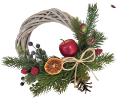 Vianočný prútený veniec zdobený sušenými plodmi, jablčkom a doplnkami Ø 20cm