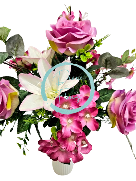 Růže & Hortenzie & Lilie kytice fialová 47cm umělá