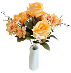 Šopek vrtnic in hortenzij x7 44cm oranžna umetna