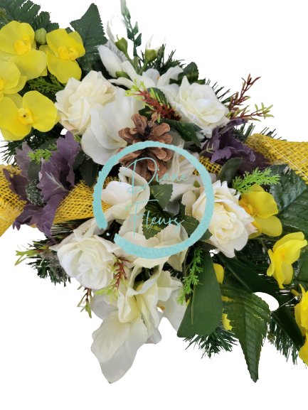 Sympathy arrangement made of artificial Orchids, Lilies, Roses and Accessories 65cm x 28cm x 16cm