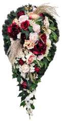 Coroana funerara „Lacrimă” din trandafiri, hortensii, bujori, gladiole si accesorii 120cm x 60cm