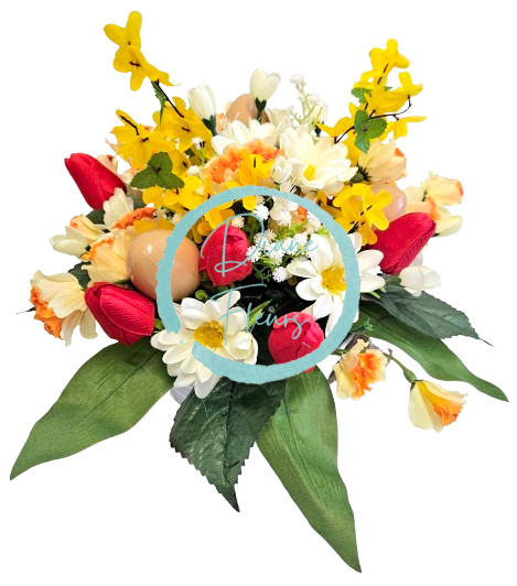 Aranžmán v plechovom kvetináči umelé tulipány, margaréty, zlatý dážď, veľkonočné vajíčka a doplnky Ø 43cm