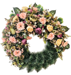 Luxusný smútočný veniec borovicový exclusive peonie pivonky, gerbery, sedum a doplnky Ø 100cm