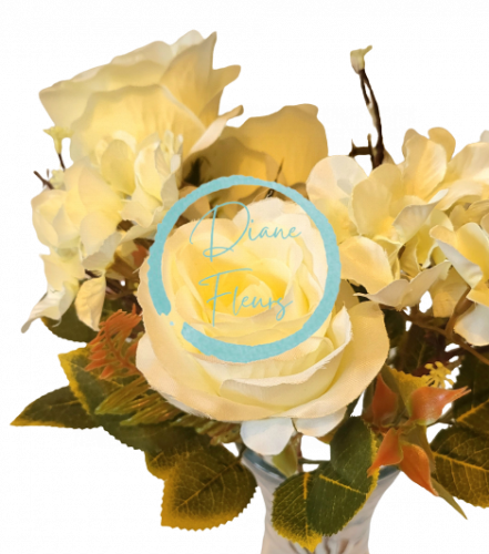 Bukiet róż i hortensji x7 44cm kremowy sztuczny