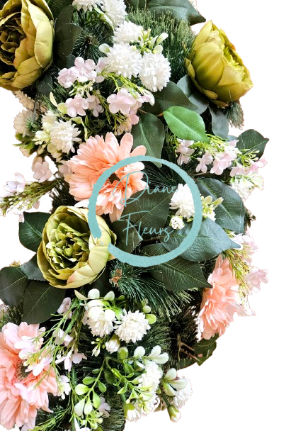 Luxusný smútočný veniec borovicový exclusive peonie pivonky, gerbery a doplnky Ø 90cm