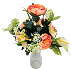 Umělá kytice Pivoňka, Alstromeria, Kala a doplňky 42cm broskvová