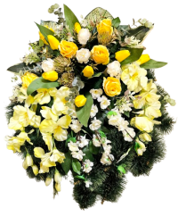 Künstliche Trauerkranz Exklusiv Rosen, Tulpen, Gladiolen, Apfelblüten, Disteln und Zubehör 70cm x 65cm
