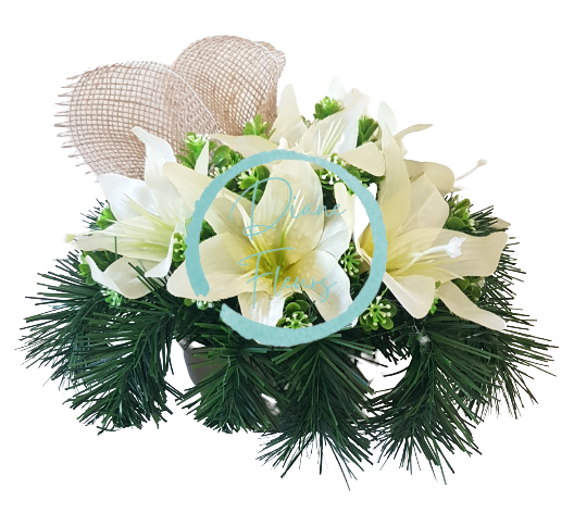 Smútočný aranžmán betonka umelé ľalie & doplnky Ø 28cm x 18cm