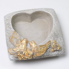 Dekorační kameninový květináč srdce s holubicí 16,5cm x 16,5cm x 6,5cm