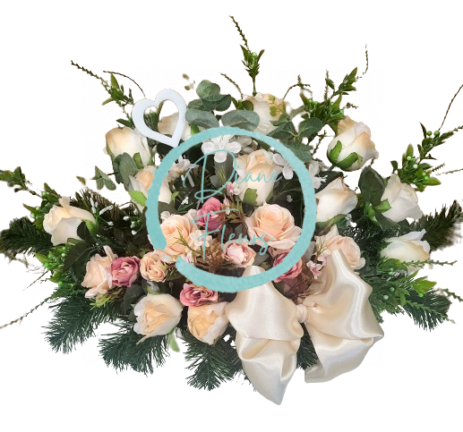 Sympathy arrangement exclusive made of artificial Roses and Accessories 60cm x 30cm x 33cm