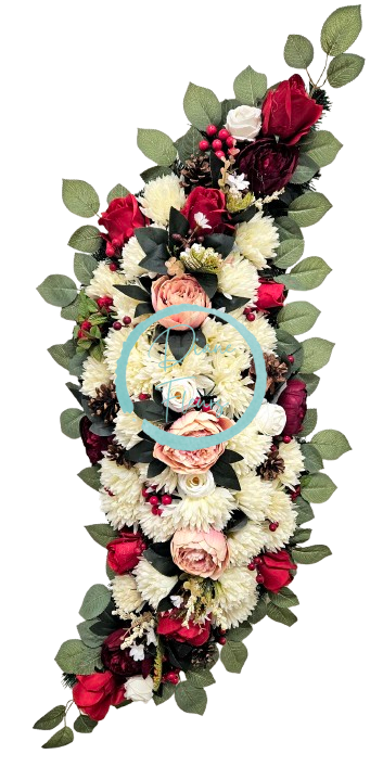 Smuteční věnec esíčko umělé růže, chryzantémy, pivoňky a doplňky 115cm x 45cm AS859