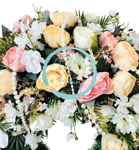 Coroană funerara de pin Exclusiv Bujori artificiali, Gerbere, Orhidee si Accesorii Ø 100cm