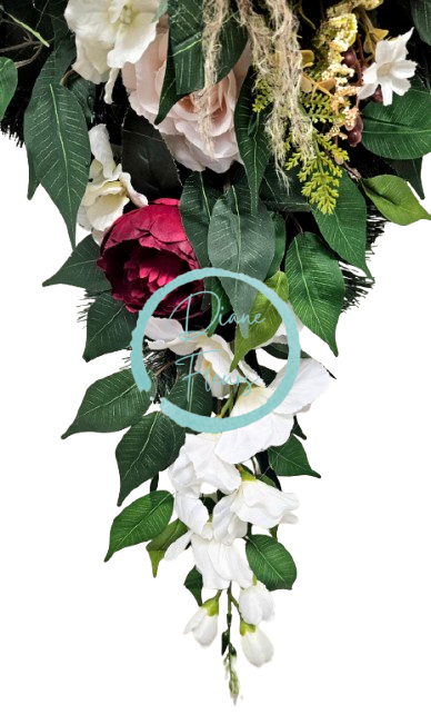 Coroana funerara „Lacrimă” din trandafiri, hortensii, bujori, gladiole si accesorii 120cm x 60cm