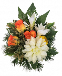 Trauergesteck aus künstliche Rosen, Lilien, Dahlie und Zubehör Ø 28cm x 15cm