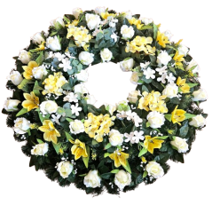 Nagy temetési koszorú műrózsákkal, liliomok, alstroemeria és kiegészítőkkel Ø 85cm