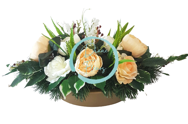 Траурна аранжировка от бетон, ексклузивни изкуствени божури и аксесоари 65см x 30см x 25см AS364