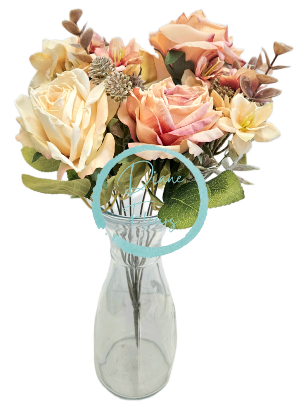 Umelá kytica ruže, hortenzie a doplnky x9 44cm žltá, ružová