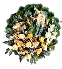 Coroană funerara de pin Exclusiv Bujori artificiali, Trandafiri, Crini Calla, Gladiole si Accesorii Ø 95cm