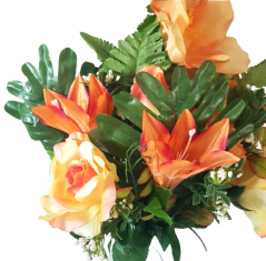 Luksusowy bukiet płaski róż, lilia, mieczyk i dodatki 70 cm pomarańczowy i żółty