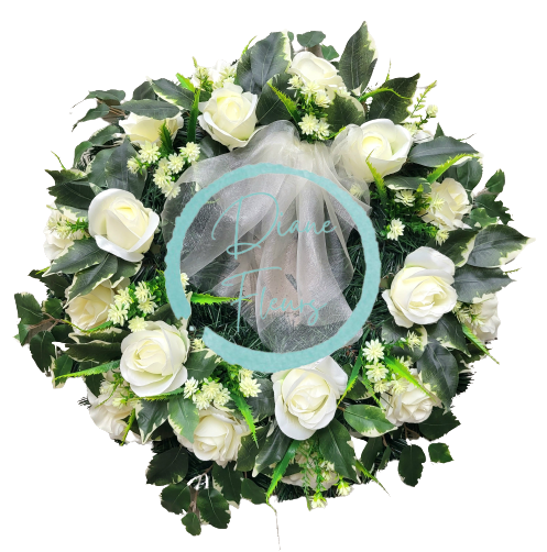 Smuteční věnec "kruh" z umělých růží a doplňky 55cm AS521