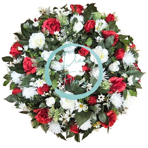 Smuteční věnec borovicový exclusive růže, clematis, chryzatémy, kopretiny a doplňky 80cm AS995