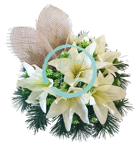 Smútočný aranžmán betonka umelé ľalie & doplnky Ø 28cm x 18cm