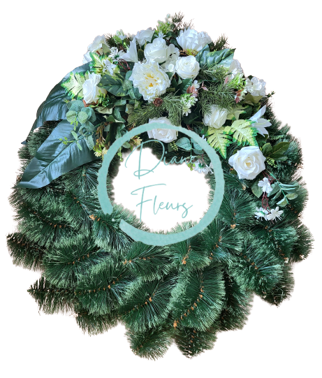 Luxusný smútočný veniec borovicový exclusive ruže, pivonky, ľalie, hortenzie, eukalyptus a doplnky 80cm x 90cm