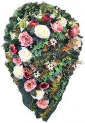 Artificial Wreath Tear Shaped with roses, daisies, fern and accessories 100cm x 60cm