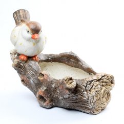 Dekoračný kameninový črepník peň s vtáčikom 38cm x 18,5cm x 27cm