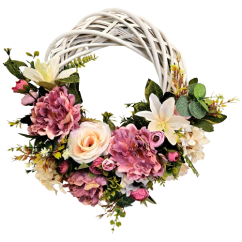 Wicker wreath decorated with Peonies, Roses, Ranunculus, Lilies and Accessories Ø 35cm