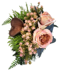 Kompozycja żałobna sztuczne piwonie, sedum i akcesoria 33cm x 22cm x 17cm